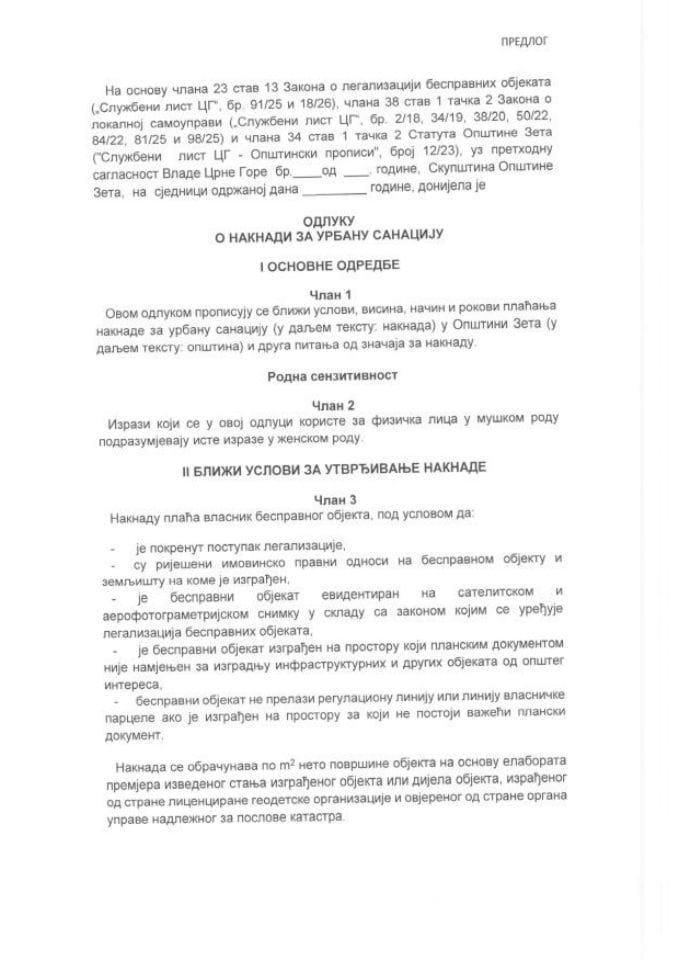 Predlog odluke o naknadi za urbanu sanaciju Opštine Zeta