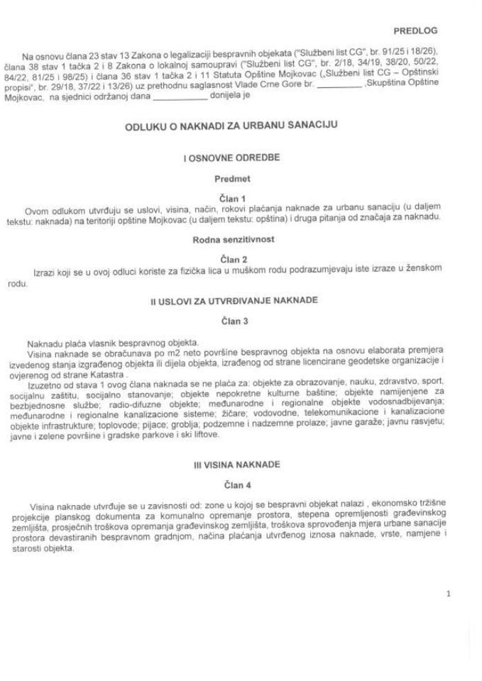 Predlog odluke o naknadi za urbanu sanaciju Opštine Mojkovac