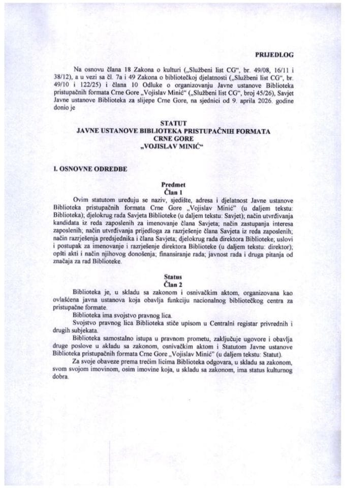 Predlog statuta Javne ustanove Biblioteka pristupačnih formata Crne Gore „Vojislav Minić“