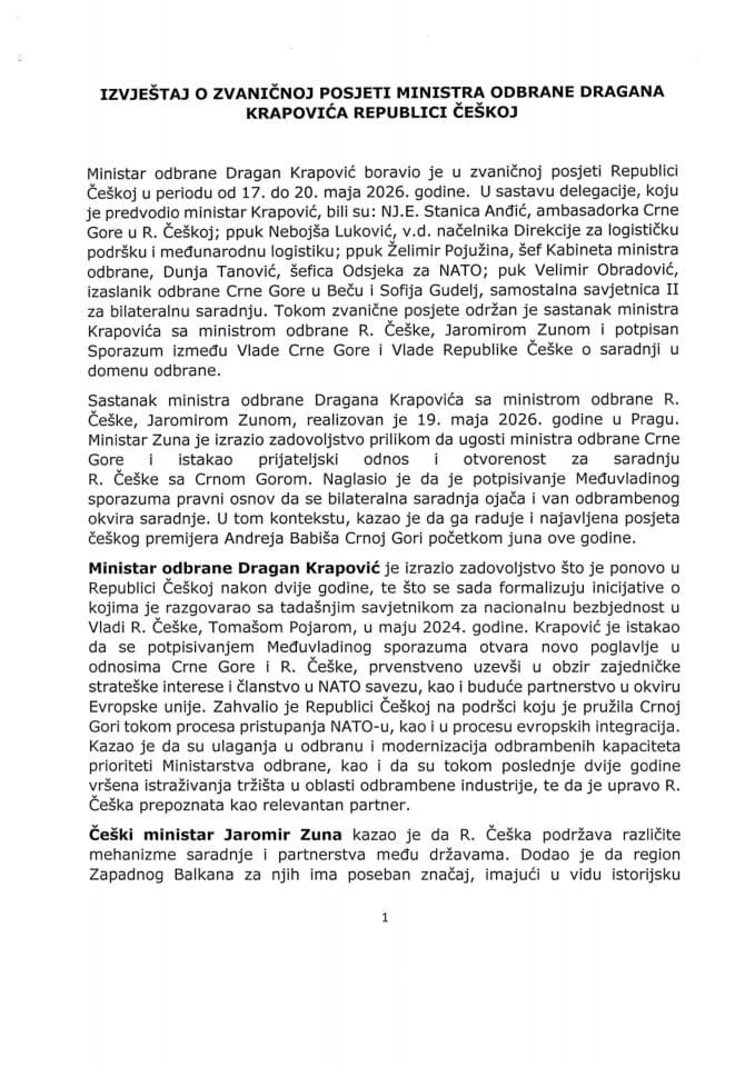Izvještaj o zvaničnoj posjeti ministra odbrane, Dragana Krapovića, Republici Češkoj, od 17. do 20. maja 2026. godine