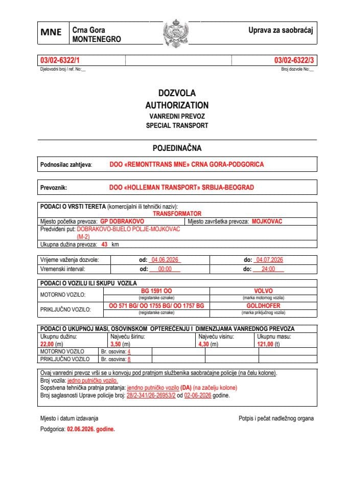 REMONTTRANS MNE 03-02-6322-HOLLEMAN TRANSPORT