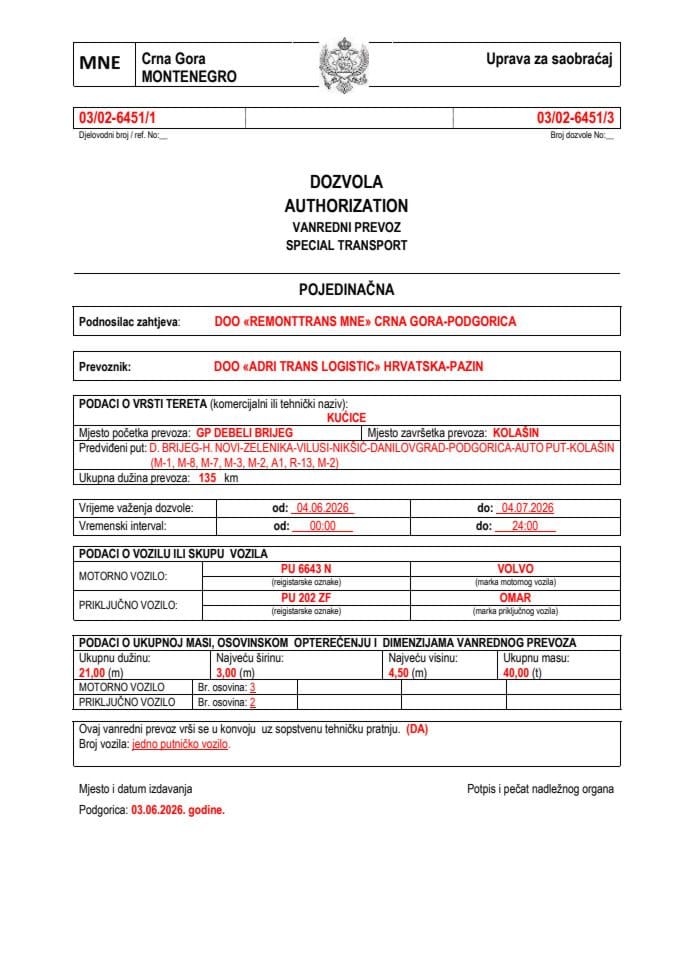 REMONTTRANS MNE 03-02-6451-ADRIA TRANS LOGISTIC