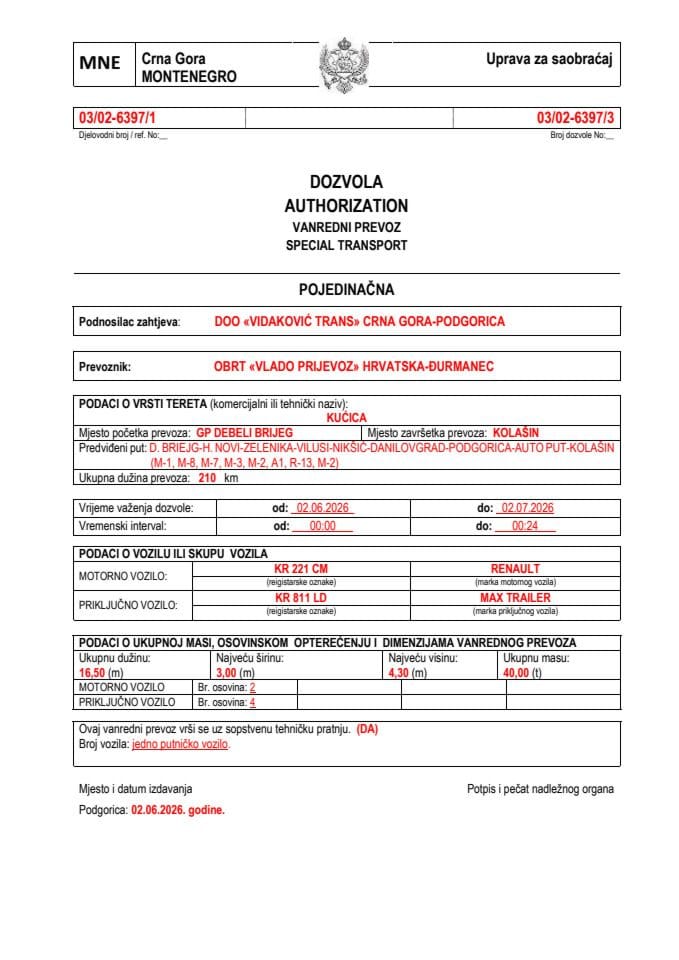 VIDAKOVIĆ TRANS 03-02-6397-VLADO PRIJEVOZ
