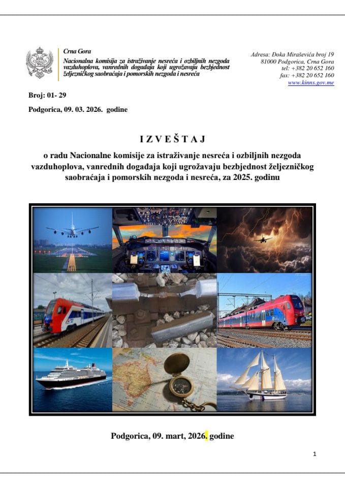 Izveštaj o radu Nacionalne komisije za istraživanje nesreća i ozbiljnih nezgoda vazduhoplova, vanrednih događaja koji ugrožavaju bezbjednost željezničkog saobraćaja i pomorskih nezgoda i nesreća, za 2025. godinu