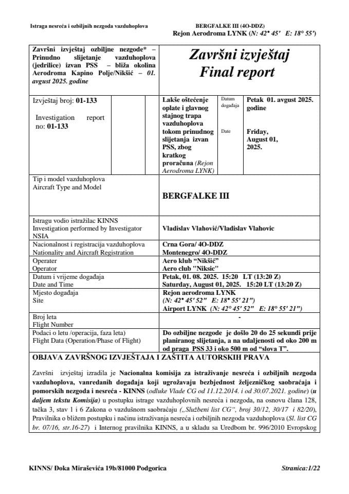 Završni izvještaj ozbiljne nezgode – Prinudno slijetanje vazduhoplova (jedrilice) izvan PSS – bliža okolina Aerodroma Kapino Polje/Nikšić – 01. avgust 2025. godine