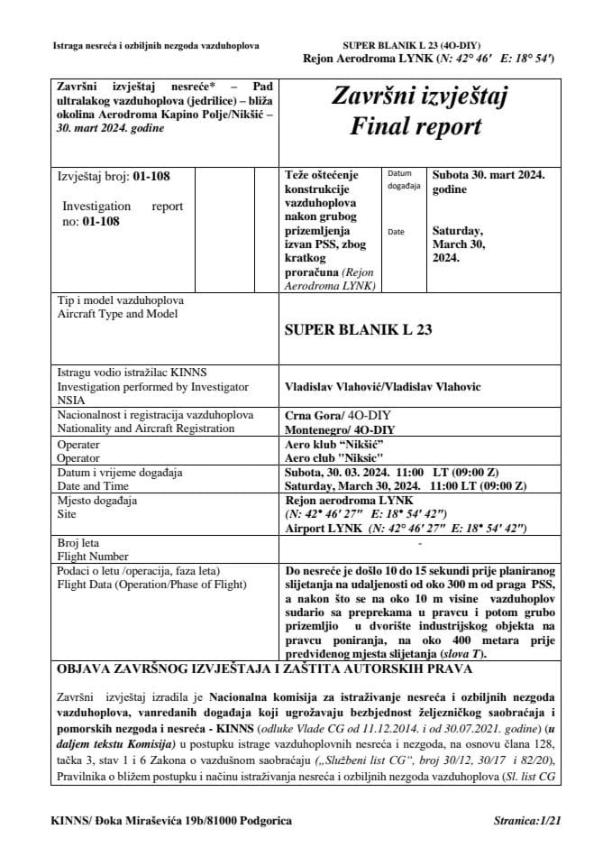 Završni izvještaj nesreće – Pad ultralakog vazduhoplova (jedrilice) – bliža okolina Aerodroma Kapino Polje/Nikšić – 30. mart 2024. godine