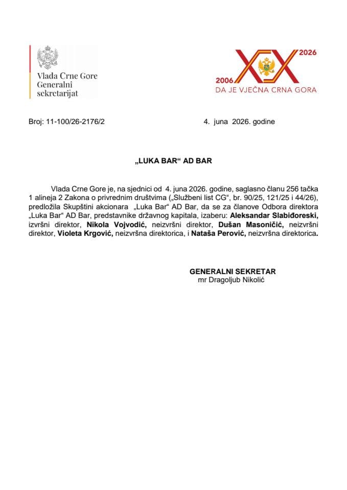 Predlog za izbor članova Odbora direktora "Luka Bar" AD Bar