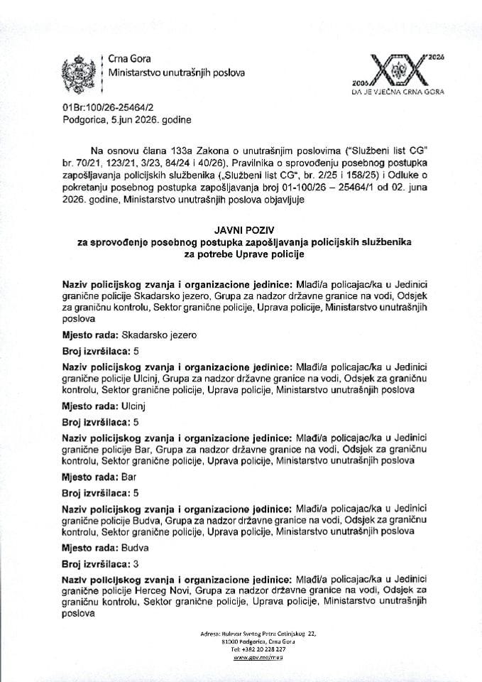 Javni poziv za sprovođenje posebnog postupka zapošljavanja policijskih službenika za potrebe Uprave policije