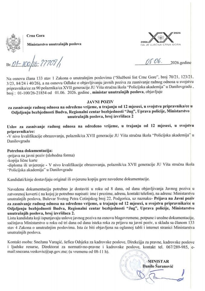 Јавни позив за заснивање радног односа на одређено вријеме, у трајању од 12 мјесеци, у својству приправника/це - ОБ Будва