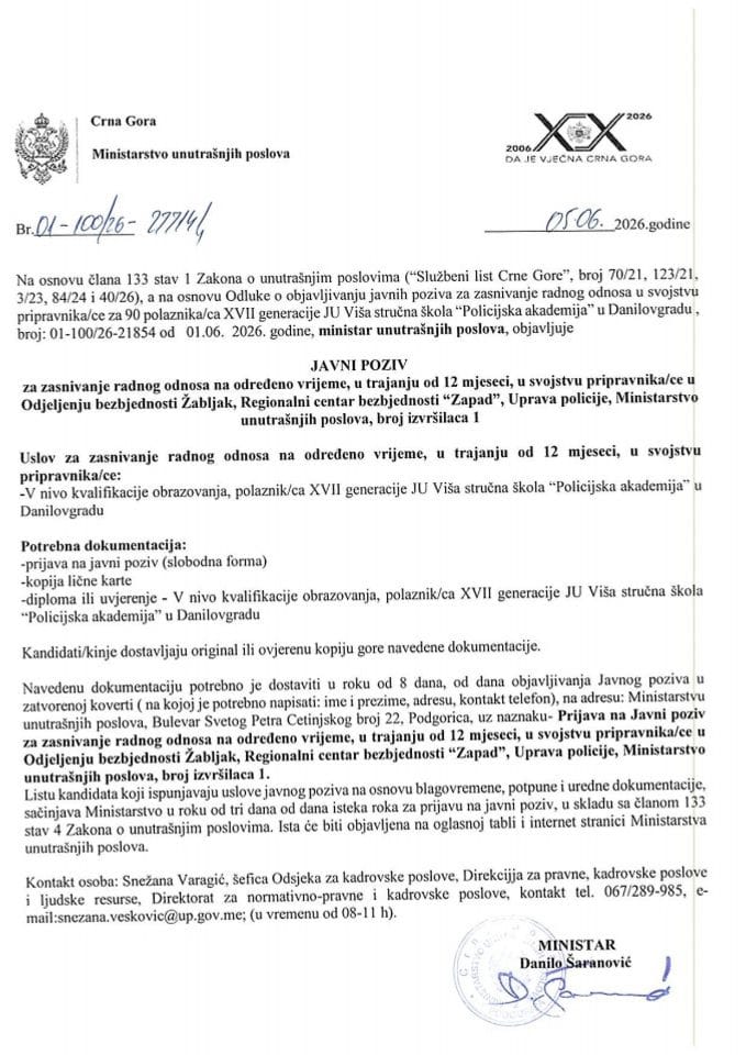 Јавни позив за заснивање радног односа на одређено вријеме, у трајању од 12 мјесеци, у својству приправника/це - ОБ Жабљак