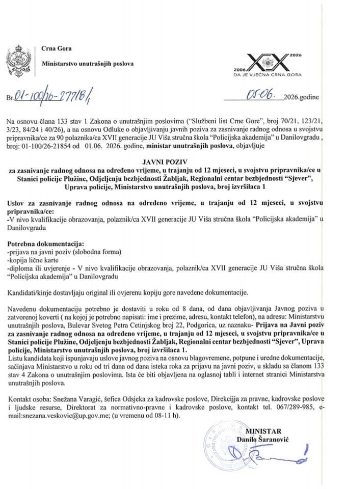 Јавни позив за заснивање радног односа на одређено вријеме, у трајању од 12 мјесеци, у својству приправника/це - Станица полиције Плужине