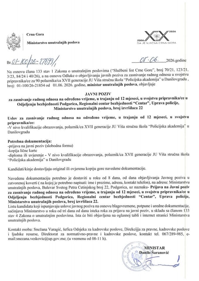 Javni poziv za zasnivanje radnog odnosa na određeno vrijeme, u trajanju od 12 mjeseci, u svojstvu pripravnika/ce