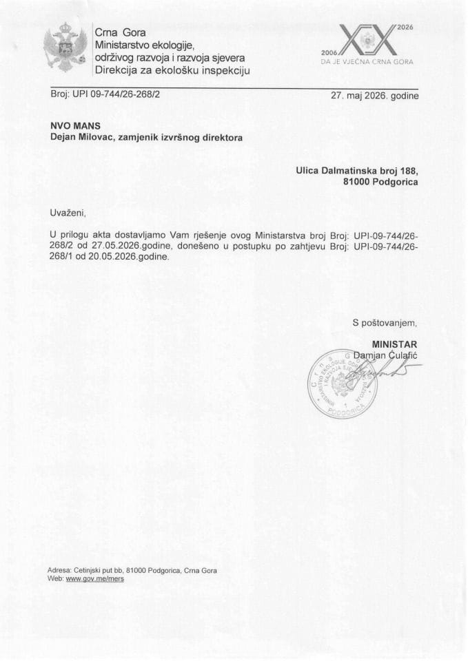 Rješenje po zahtjevu NVO MANS UPI  09-744-26-268-2 od 27.05.2026