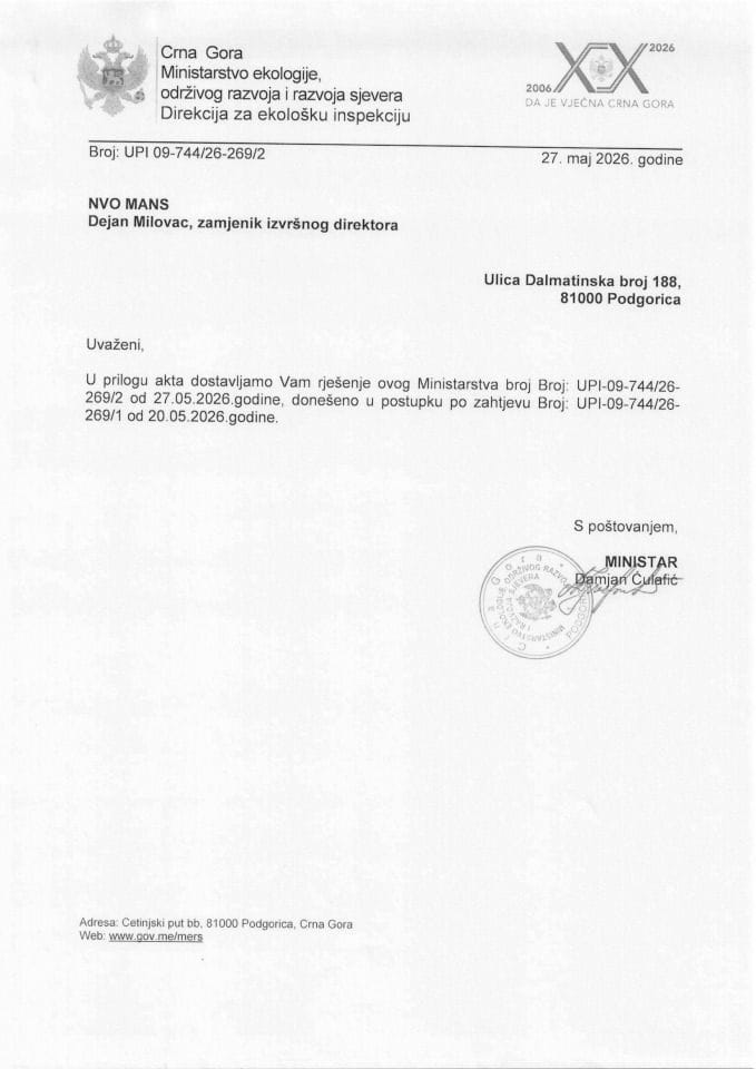 Rješenje po zahtjevu NVO MANS UPI  09-744-26-269-2 od 27.05.2026