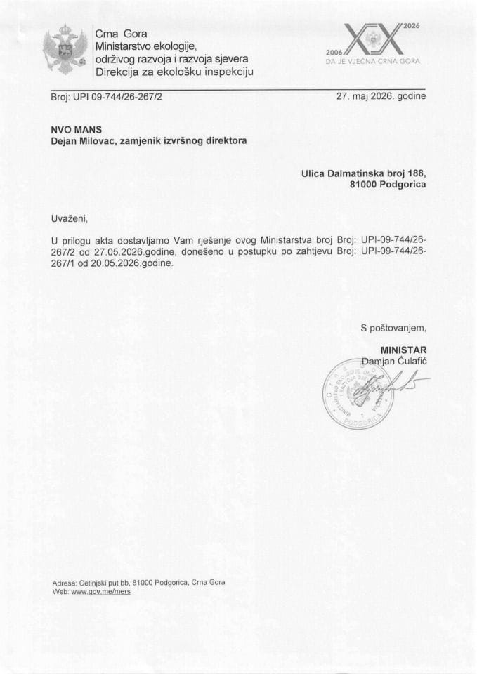 Rješenje po zahtjevu NVO MANS UPI 09-744-26-267-2 od 27.05.2026