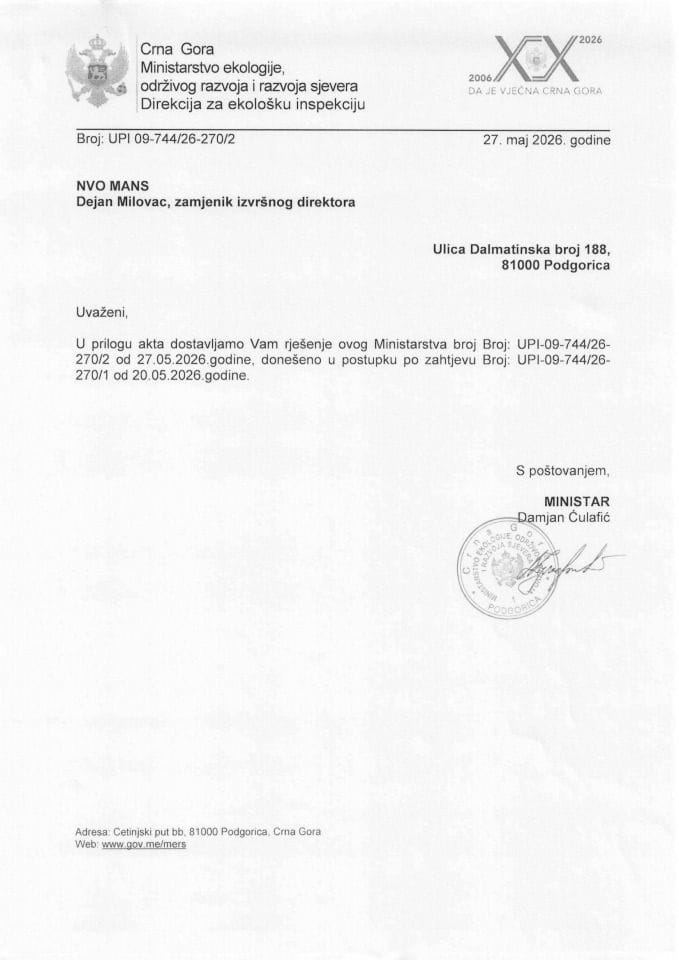 Rješenje po zahtjevu NVO MANS UPI 09-744-26-270-2 od 27.05.2026