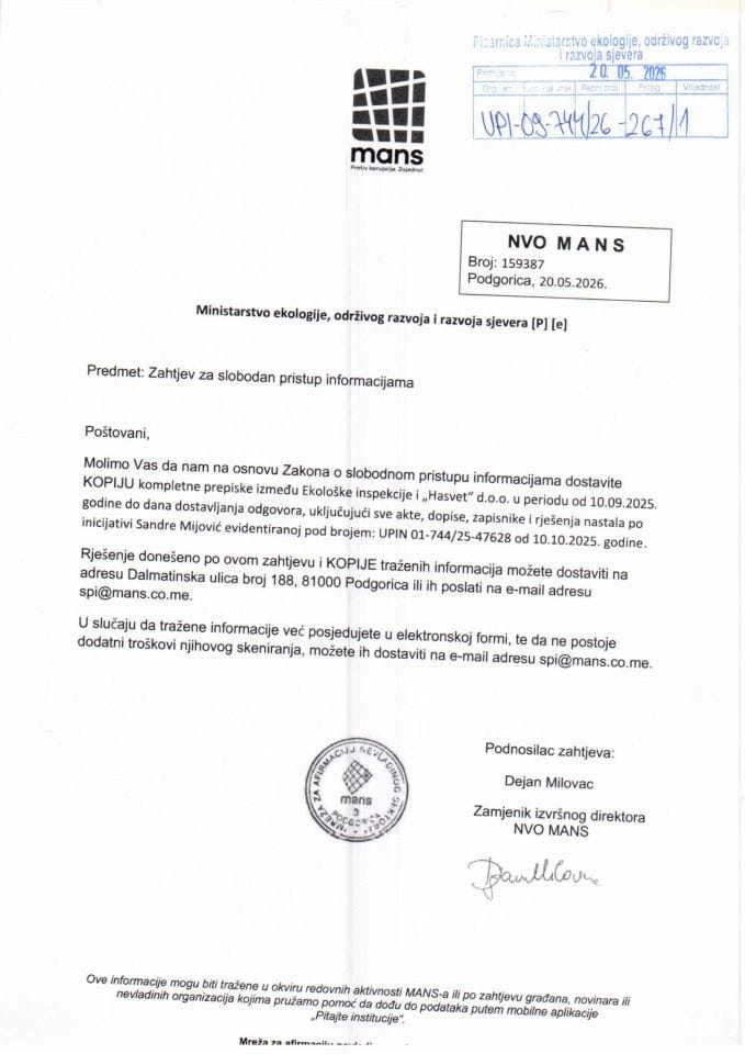 Zahtjev - Slobodan pristup informacijama - NVO MANS UPI 09-744-26-267 od 20-05-2026