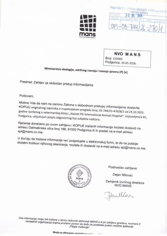 Zahtjev - Slobodan pristup informacijama - NVO MANS UPI 09-744-26-270 od 20-05-2026