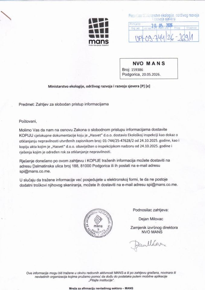Zahtjev - Slobodan pristup informacijama - NVO MANS UPI 09-744-26-269 od 20-05-2026