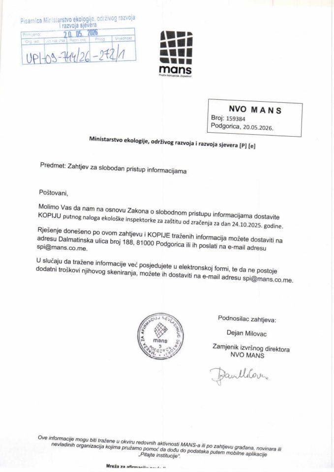 Zahtjev - Slobodan pristup informacijama - NVO MANS UPI 09-744-26-272 od 20-05-2026
