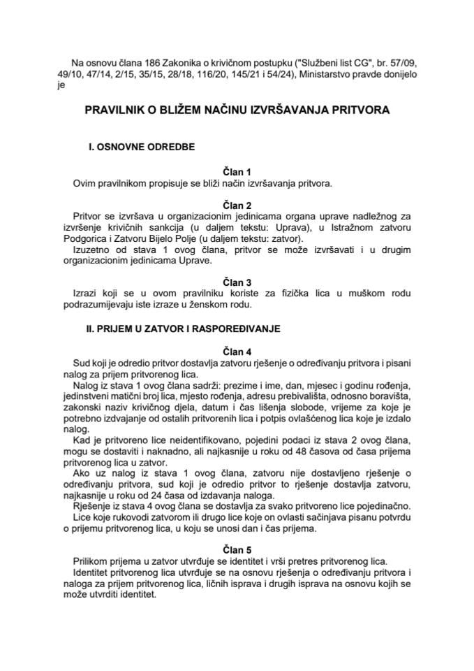 Pravilnik o bližem načinu izvršavanja pritvora - Sl.list - 2026