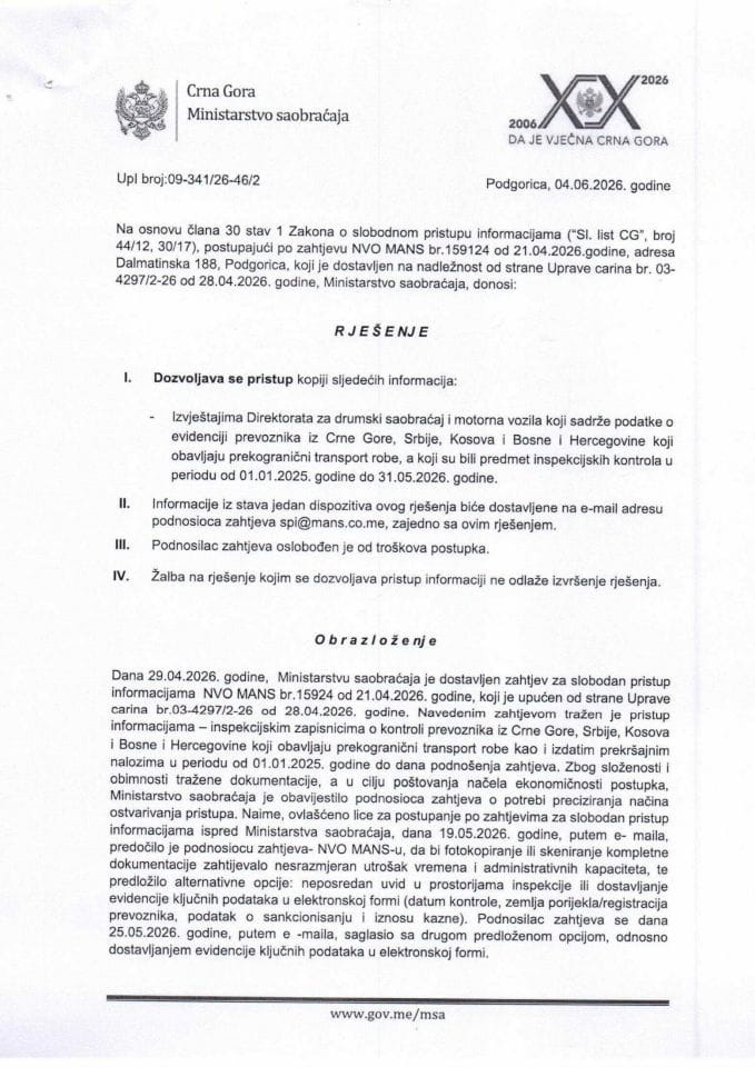 Rješenje UPI 09-341-26-46-2 od 04.06.2026. godine