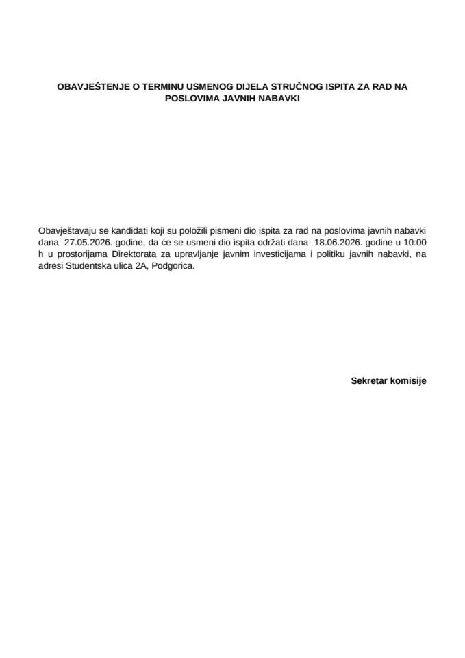 Обавјештење о термину усменог дијела стручног испита за рад на пословима јавних набавки