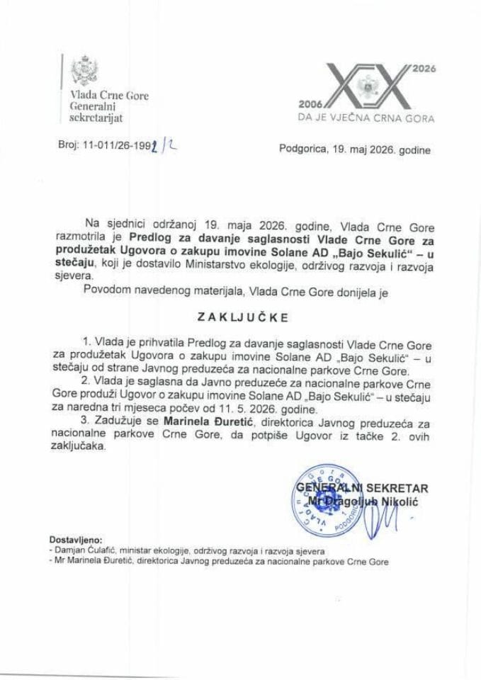 Предлог за давање сагласности Владе Црне Горе за продужетак Уговора о закупу имовине Солане АД „Бајо Секулић“ – у стечају од стране Јавног предузећа за националне паркове Црне Горе - закључци
