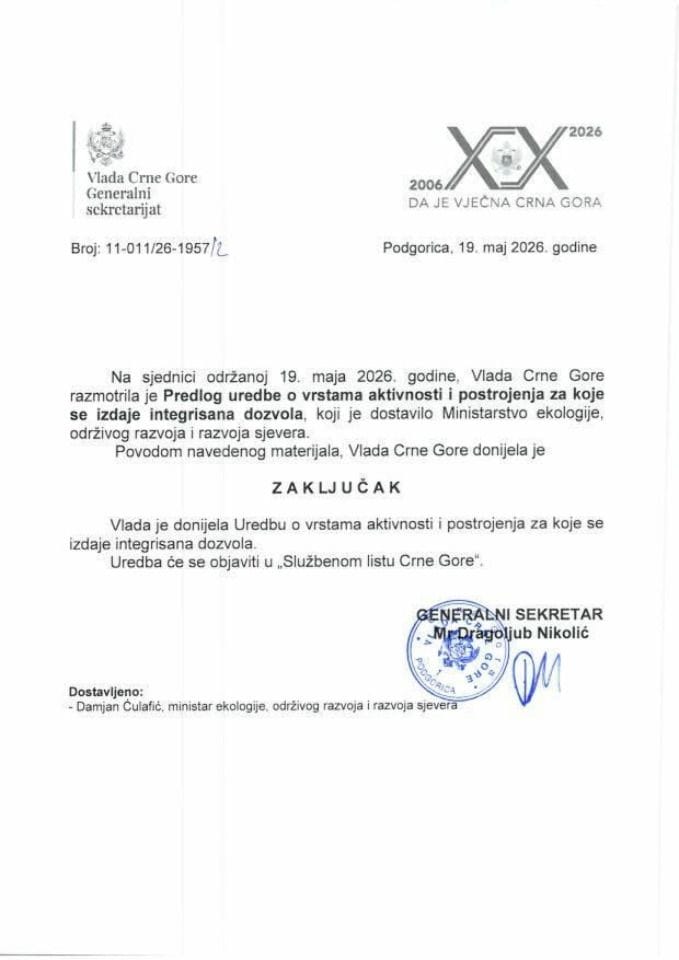 Предлог уредбе о врстама активности и постројења за које се издаје интегрисана дозвола - закључци