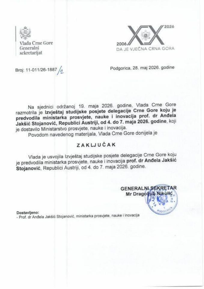 Извјештај са студијске посјете делегације Црне Горе коју је предводила министарка просвјете, науке и иновација проф. др Анђела Јакшић Стојановић Републици Аустрији од 4. до 7. маја 2026. године - закључци