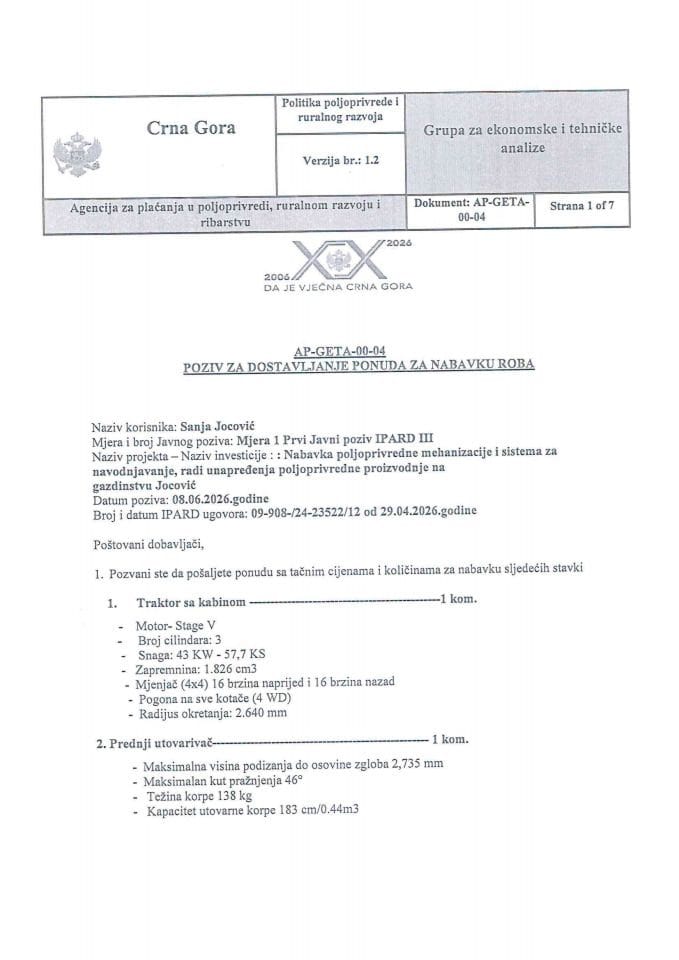 Poziv za dostavljanje ponuda  za Sanju Jocović