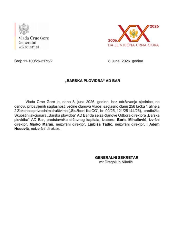 Predlog za izbor članova Odbora direktora „Barska plovidba“ AD Bar