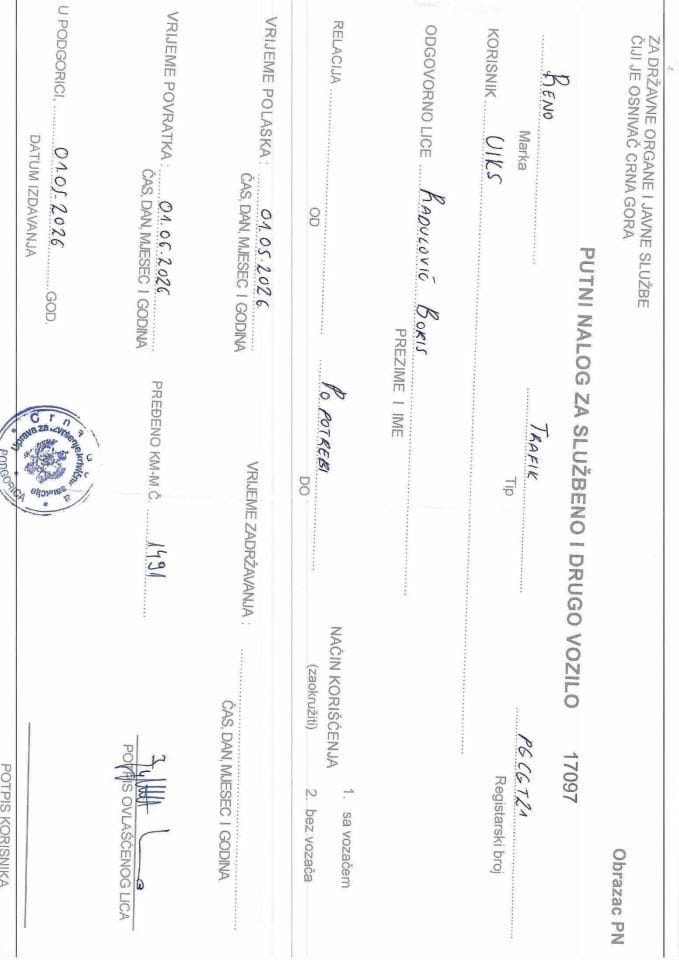 Putni nalozi, 1.5.2026. - 1.6.2026. godine 1