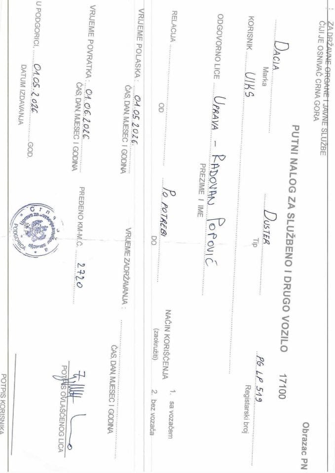 Putni nalozi, 1.5.2026. - 1.6.2026. godine 2