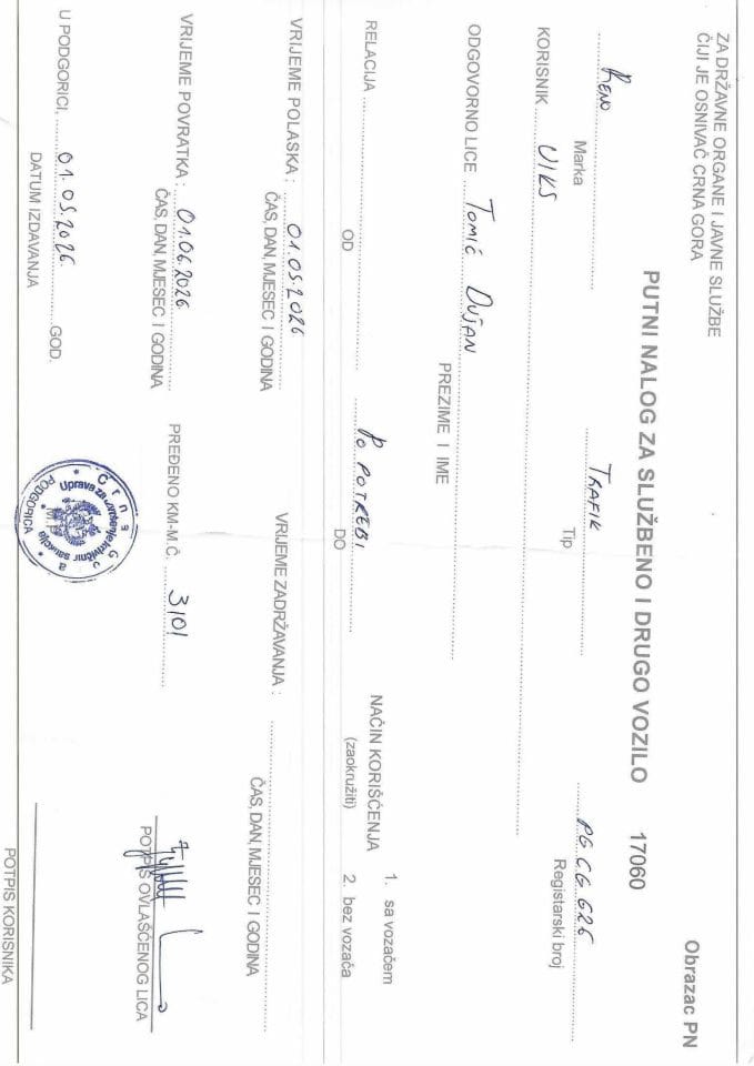 Putni nalozi, 1.5.2026. - 1.6.2026. godine 3