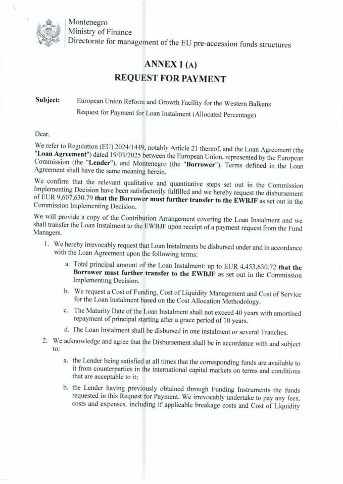 Annex 1a of Loan Agreement Request for payment