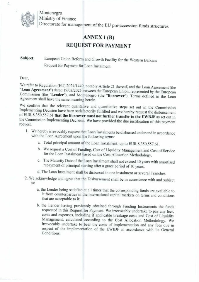 Annex 1b of Loan Agreement Request for payment