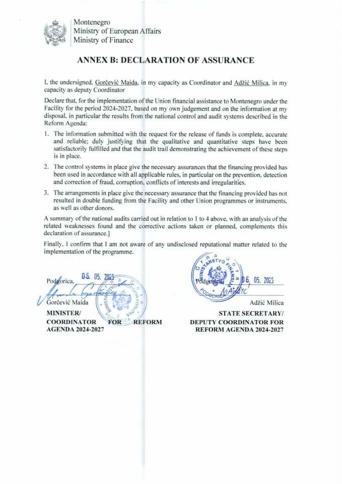 Annex B of Faciity Agreement Model for the declaration of assurance