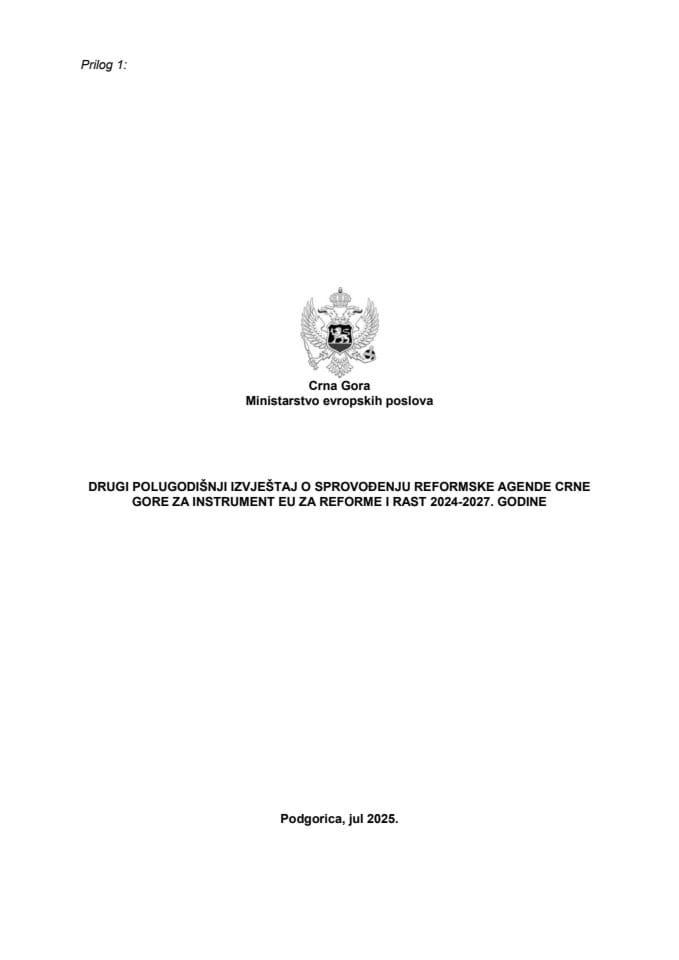 Drugi polugodišnji izvještaj o sprovođenju Reformske agende Crne Gore za instrument EU za reforme i rast 2024-2027