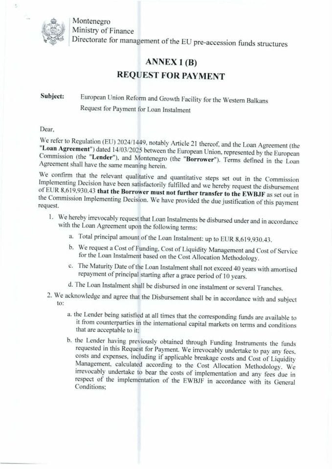 Annex 1b of Loan Agreement Request for payment