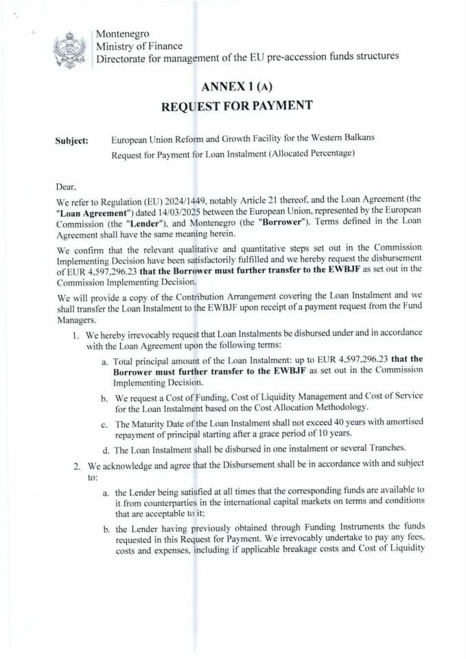 Annex 1a of Loan Agreement Request for payment