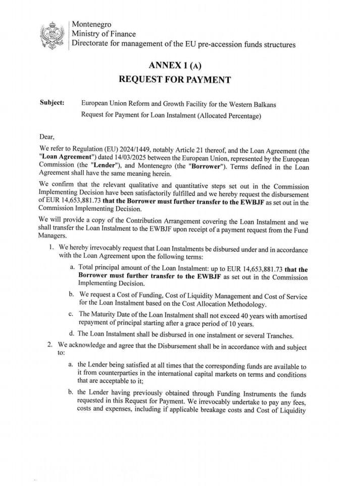 Annex 1a of Loan Agreement Request for payment