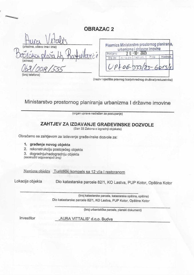 Zahtjevi za izdavanje građevinske dozvole - UPI 06_333_25_6015_1 Aura Vittalis d.o.o.