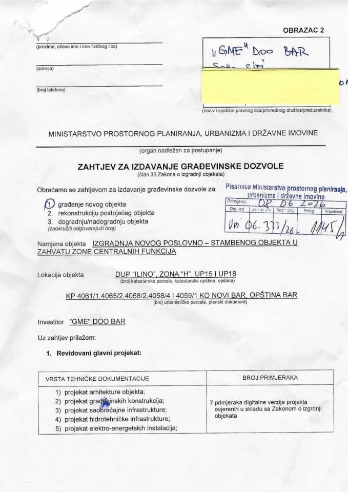 Zahtjevi za izdavanje građevinske dozvole - UPI 06_333_26_1145_1 GME DOO