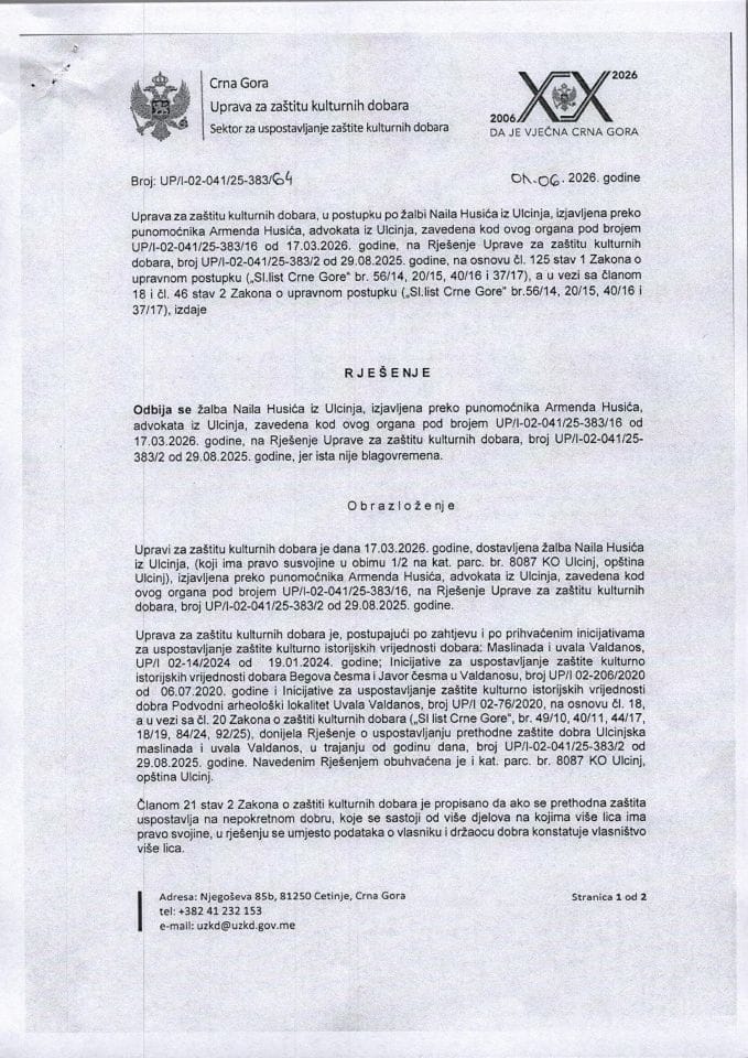 Rješenje o odbijanju žalbe UP-I-02-041-25-383-64 od 01.06.2026.