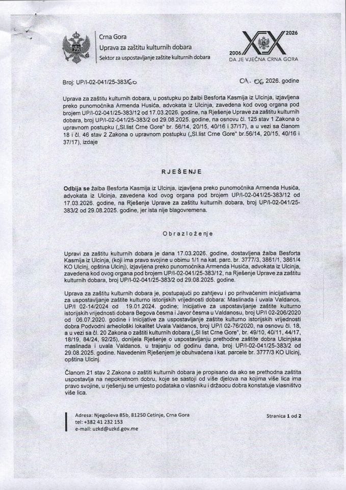 Rješenje o odbijanju žalbe UP-I-02-041-25-383-60 od 01.06.2026.