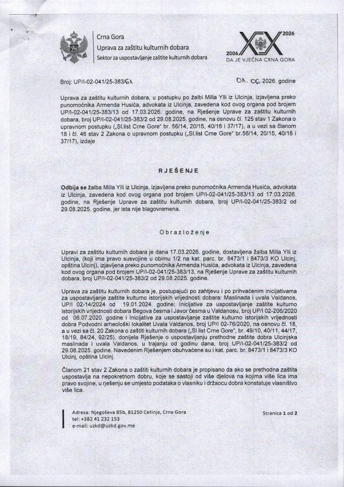 Rješenje o odbijanju žalbe UP-I-02-041-25-383-61 od 01.06.2026.