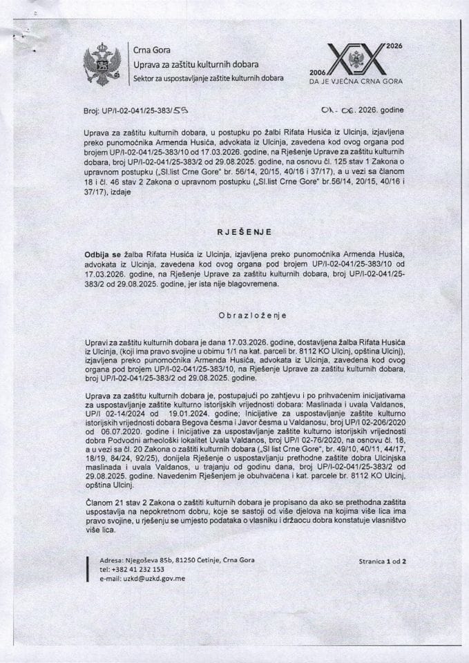 Rješenje o odbijanju žalbe UP-I-02-041-25-383-59 od 01.06.2026.
