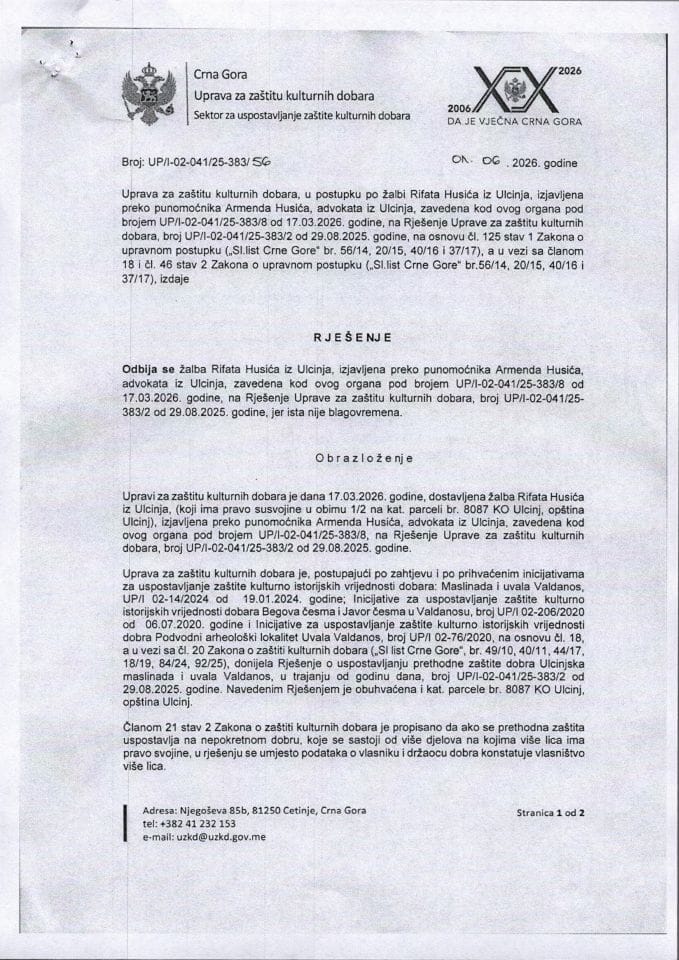 Rješenje o odbijanju žalbe UP-I-02-041-25-383-56 od 01.06.2026.
