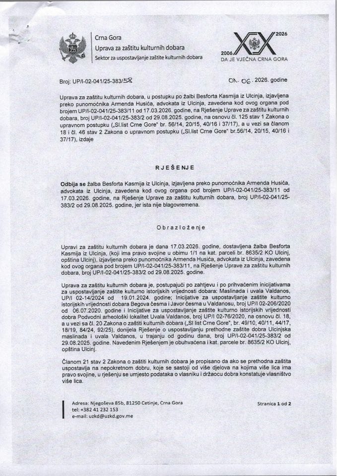 Rješenje o odbijanju žalbe UP-I-02-041-25-383-58 od 01.06.2026.